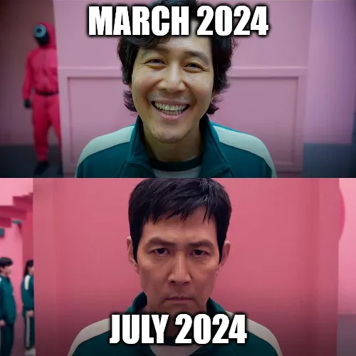 Squid Game Season 1 & 2 Smile meme template, the top happy panel has the label March 2024, the more serious, mad panel has the label July 2024