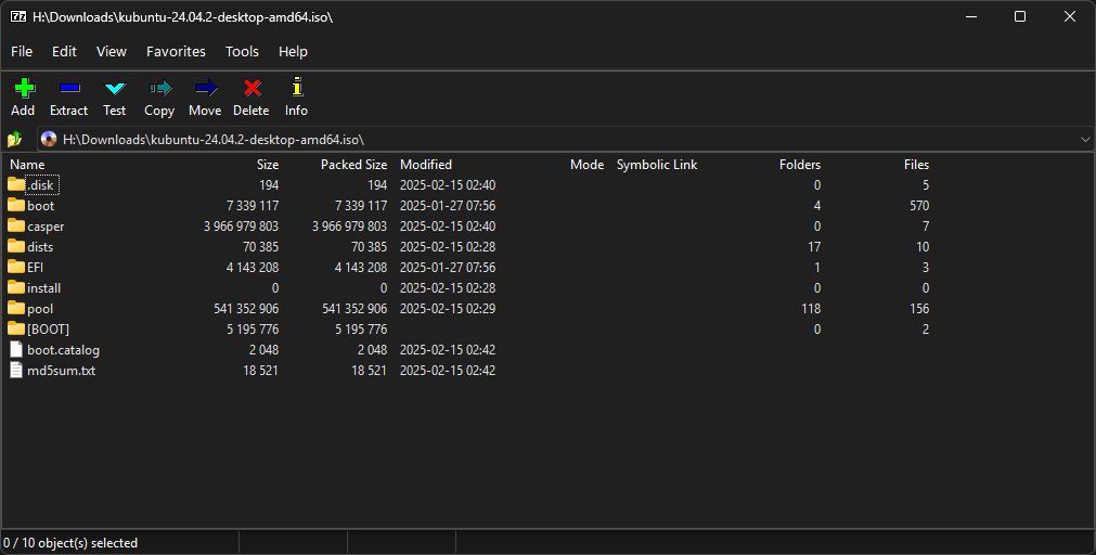 7-Zip File Manager showing the contents of the Kubuntu 24.04.2 LTS ISO